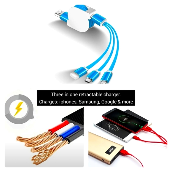 5/25 3-in-1 USB retractable Charger Lightning fast Micro USB Type C charger 3 ft - Picture 2 of 6